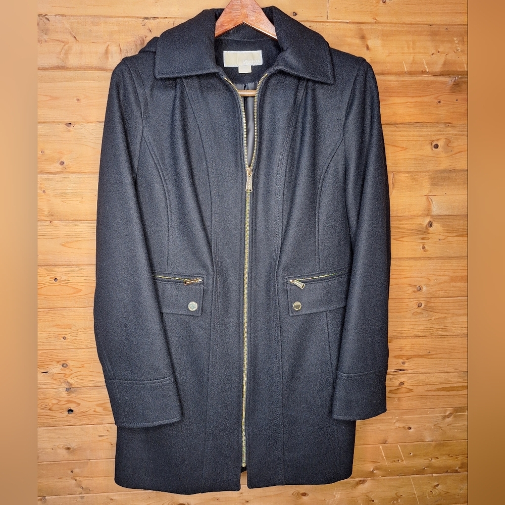❤️ Michael Kors Elegant Stylish Black coat w/hood & 4Pockets Zip-Up Coat Size 10